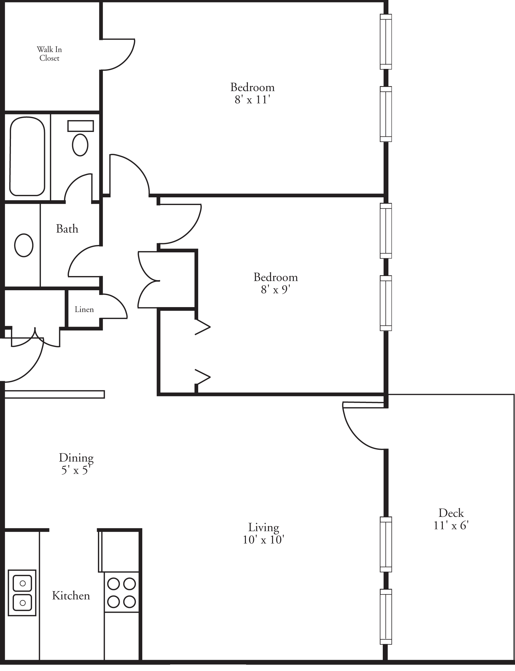 Floor plan for 2 beds, 1 bath, 1049 sqft